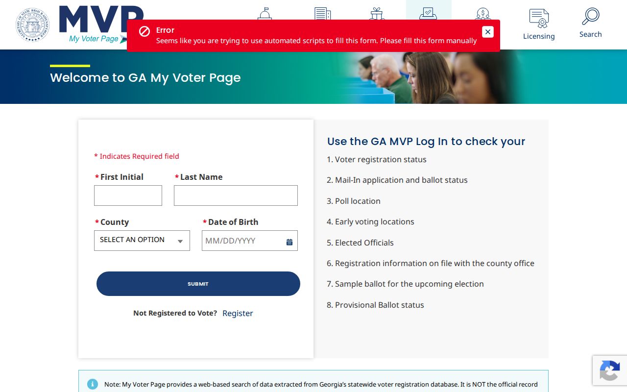 Georgia My Voter Page form for personal voter status in Forsyth County